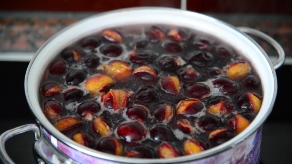 Plum Compote Boil In Saucepan On The Stove