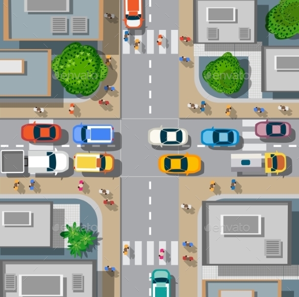 Urban Crossroads with Cars - Buildings Objects