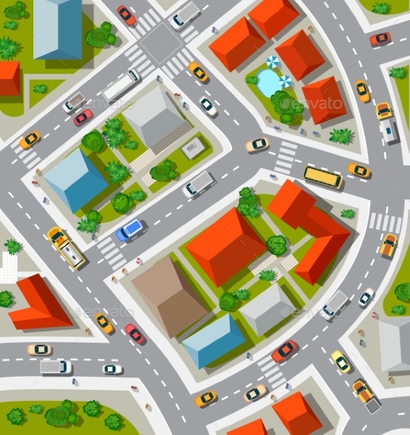Top View of Urban Crossroads - Buildings Objects