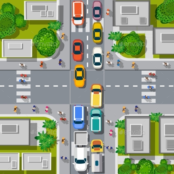 Urban Crossroads with Cars - Buildings Objects