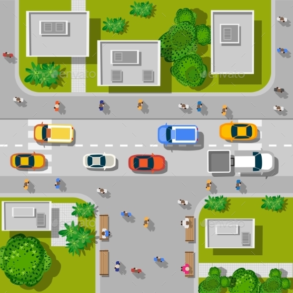Top View of Urban Road - Buildings Objects