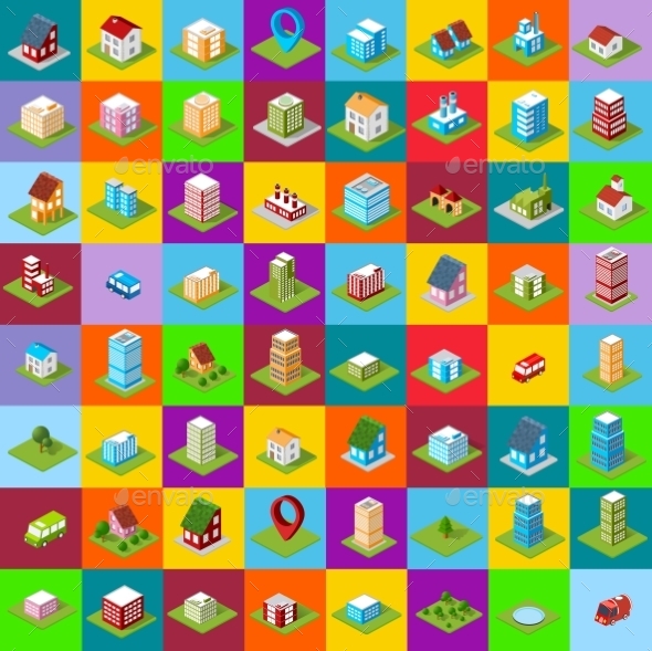 Set of Icons Isometric House - Buildings Objects