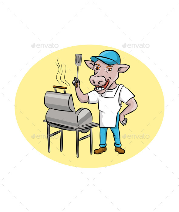 Cow Barbecue Chef Smoker Oval Cartoon - Animals Characters