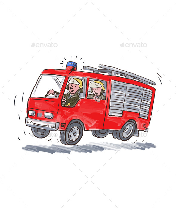 Red Fire Truck Fireman Caricature - Miscellaneous Vectors