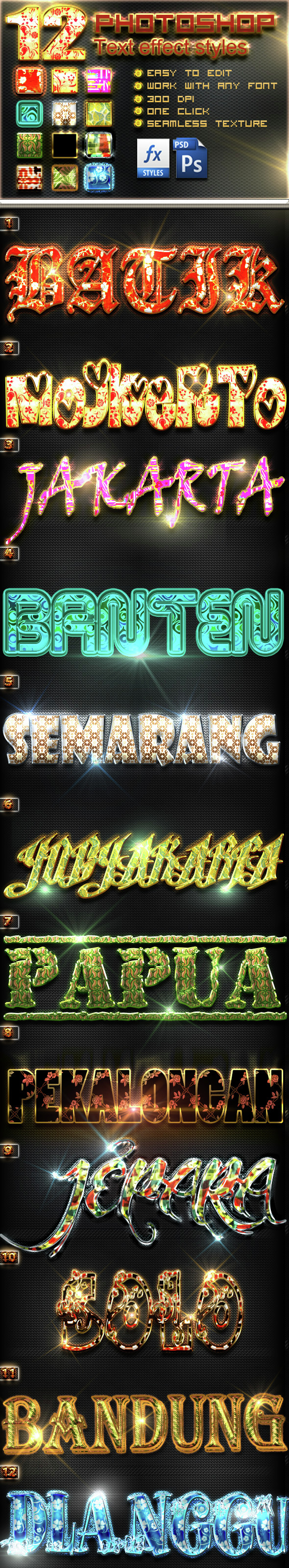 12 Styles Text BATIK local Indo - Photoshop vol5 - Text Effects Styles