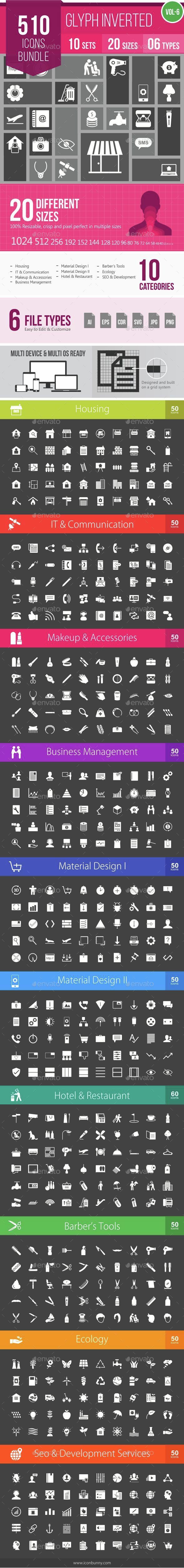 510 Vector Inverted Glyph Icons Bundle - Icons
