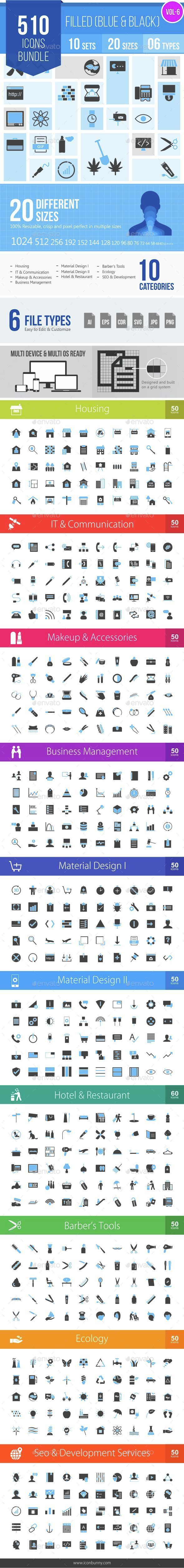 510 Vector Blue & Black Filled Icons Bundle - Icons