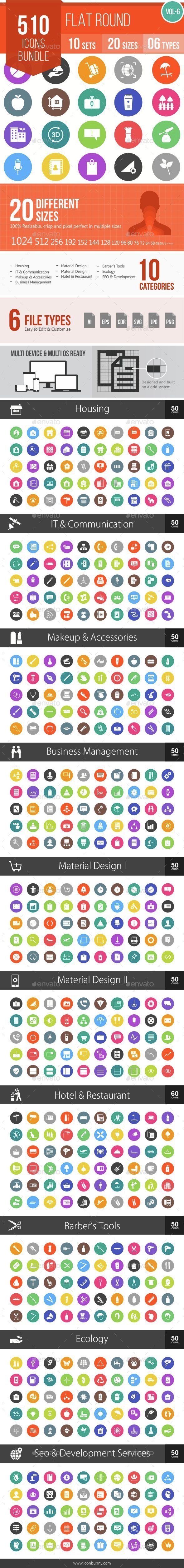 510 Vector Colorful Round Flat Icons Bundle - Icons