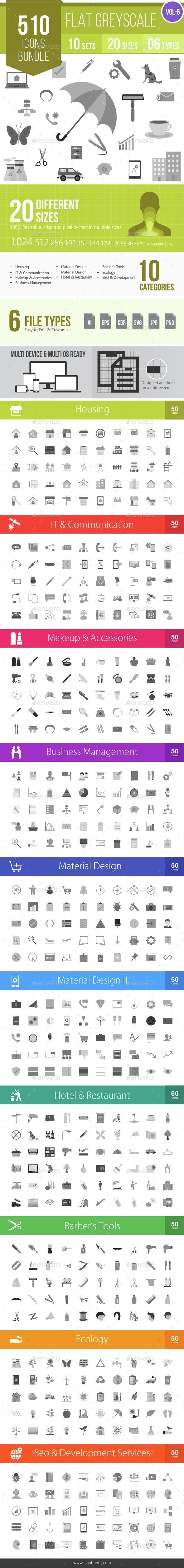 510 Vector Greyscale Flat Icons Bundle - Icons
