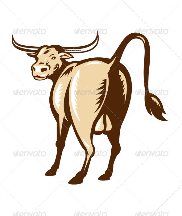 Texas Longhorn Bull Rear View Retro - Animals Characters