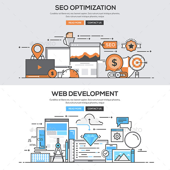 Set of Flat Color Line Designed Banners - Web Technology
