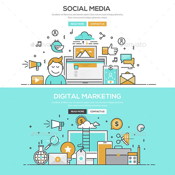Set of Flat Color Line Banners - Communications Technology