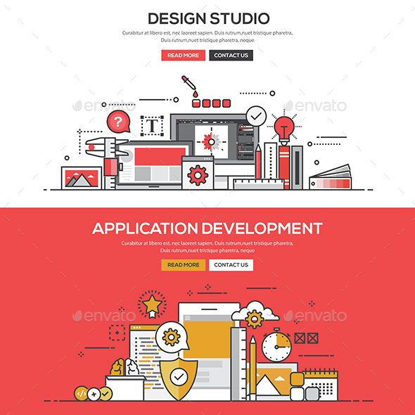 Set of Flat Line Color Banners - Computers Technology