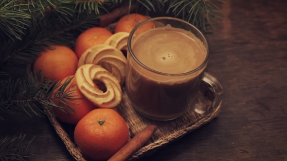 Tangerines And Cinnamon Stick,  On Vintage Wooden Background