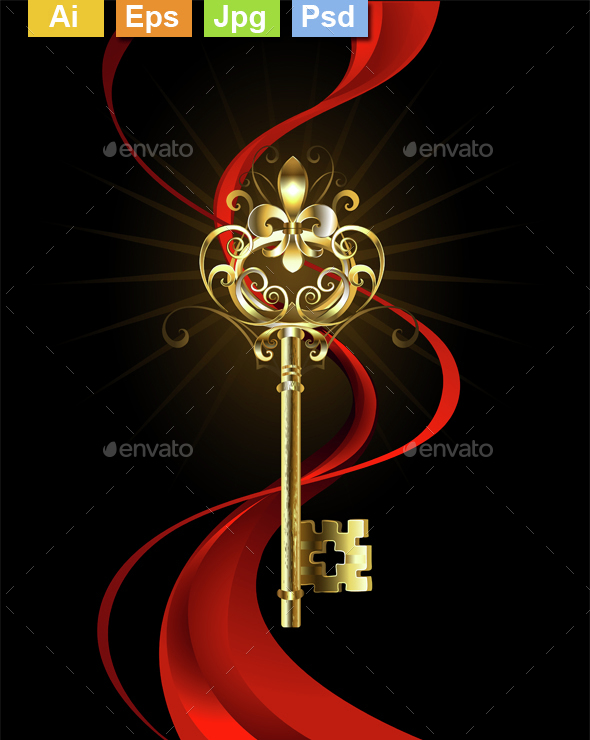 Golden Key with a Fleur de Lis - Decorative Symbols Decorative