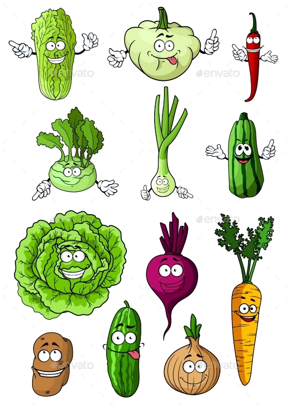 Happy Fresh Cartoon Vegetables Characters - Food Objects