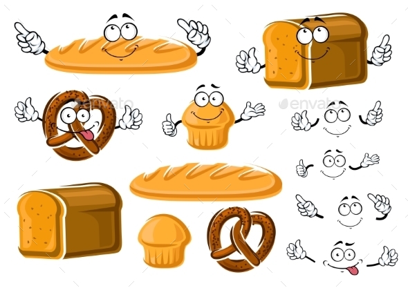 Fresh Baked Bread Loaf, Cupcake And Pretzel - Food Objects