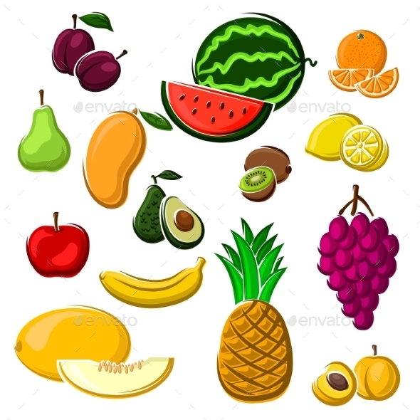 Juicy Fresh Fruits Set In Cartoon Style - Food Objects