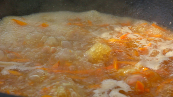 Cooking Pilaw Boiled Rice In Cauldron