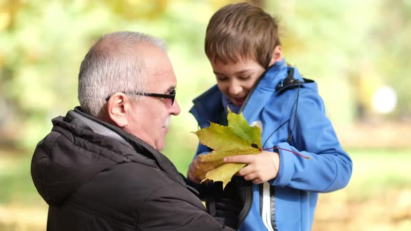 Grandfather and Little Grandson Walking in the Autumn Park alt