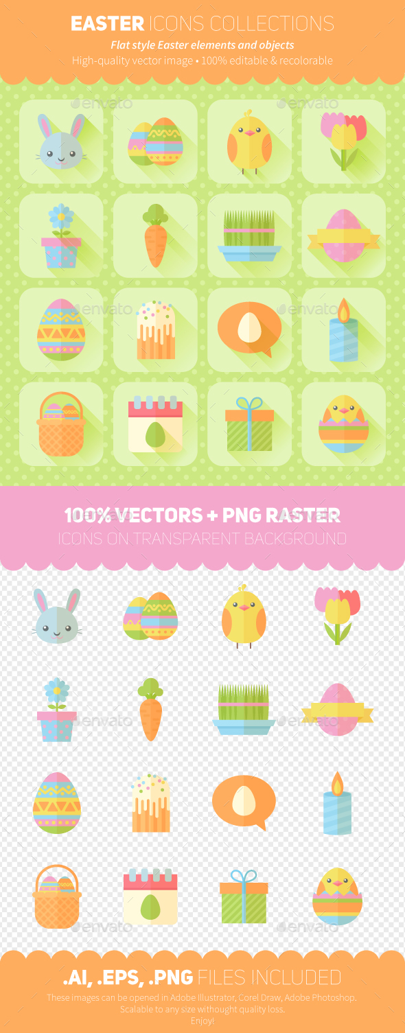 Easter Icons Flat Style Set - Miscellaneous Seasons/Holidays