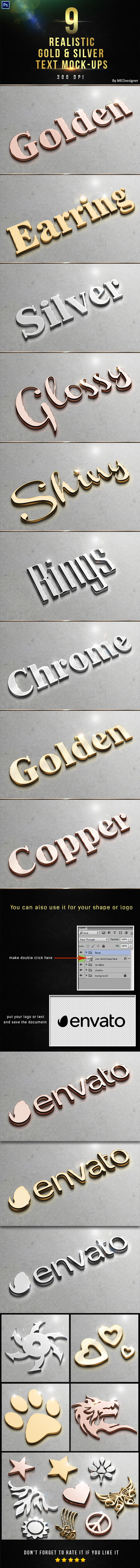 9 3D Realistic Gold & Silver Text Mock-ups - Text Effects Actions