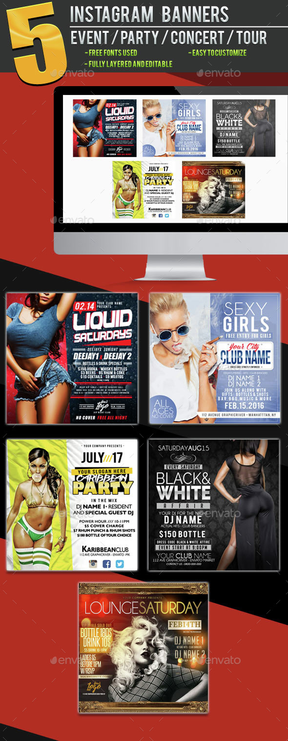 5 Instagram Banners for Event, Party, Concert, Artist, Dj - Banners & Ads Web Elements