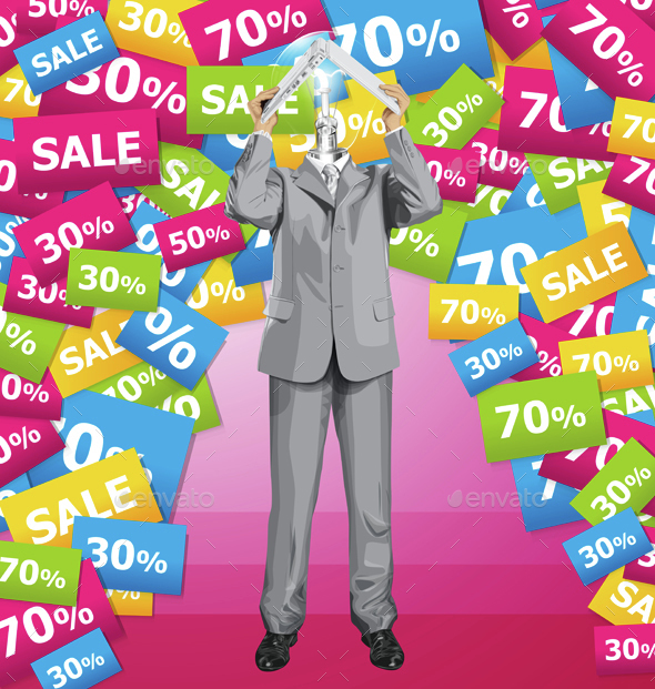 Vector Business Man Hides Under The Laptop - Commercial / Shopping Conceptual