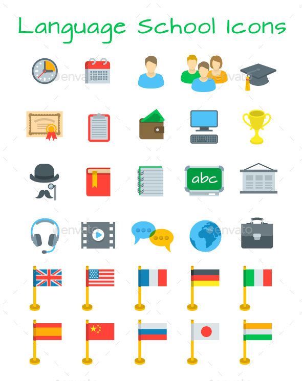 Language School Flat Education Icons Set - Miscellaneous Icons