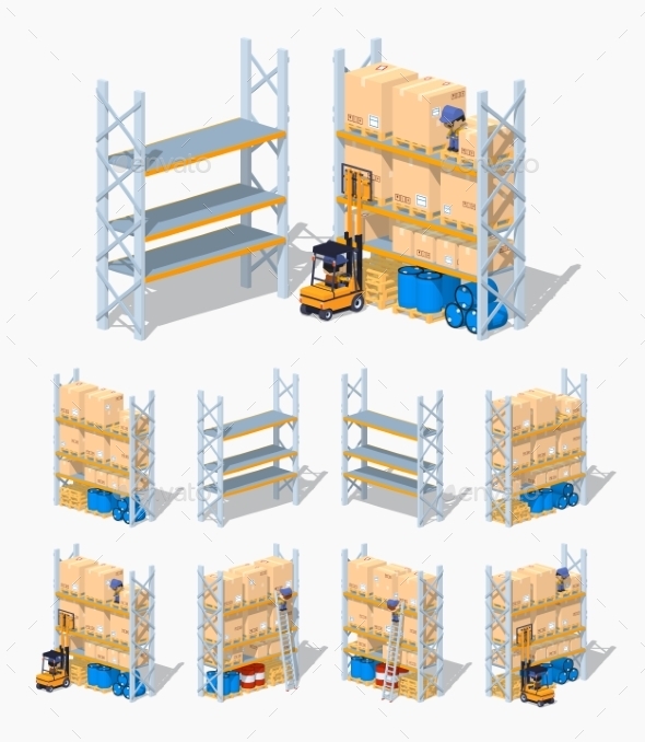 Warehouse Shelves Empty and Loaded - Man-made Objects Objects