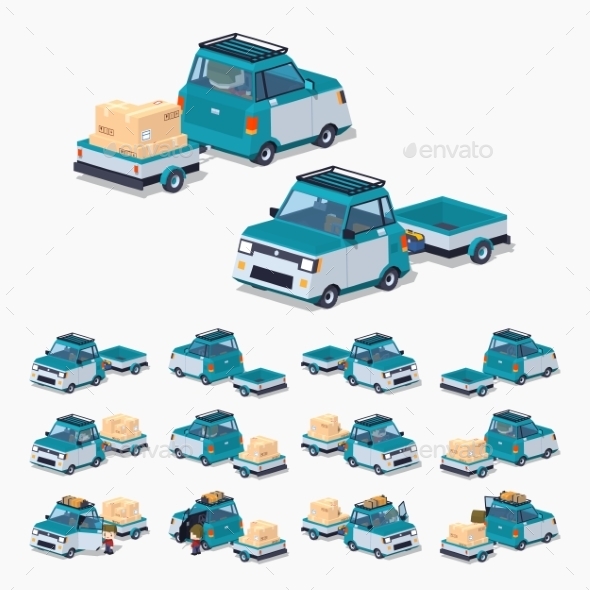 Blue Compact Car with Trailer - Man-made Objects Objects