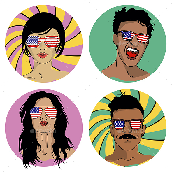 Girls and Boys in Sunglasses with USA Flag - People Characters