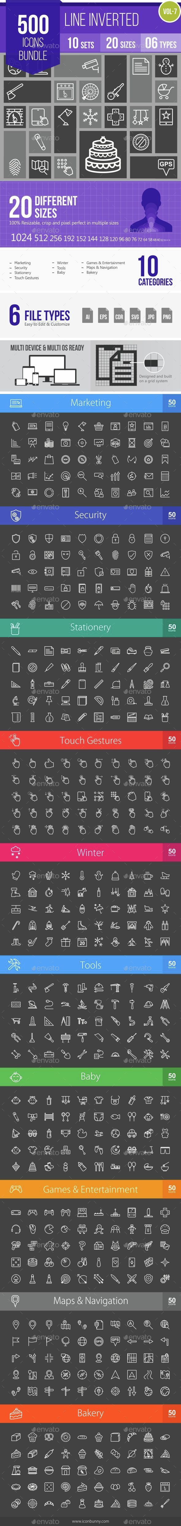 500 Vector Inverted Line Icons Bundle (Vol-7) - Icons