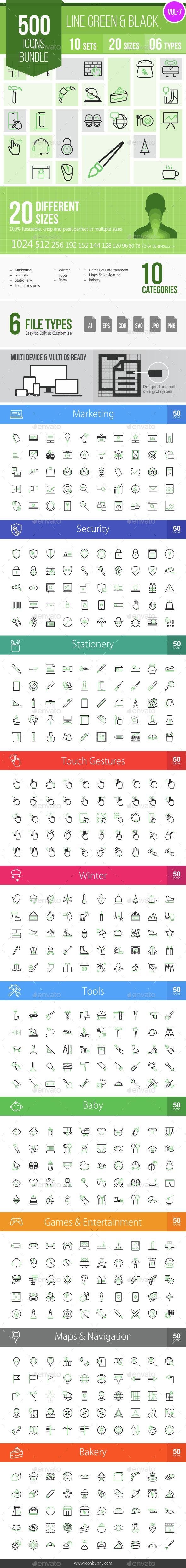 500 Vector Green & Black Line Icons Bundle (Vol-7) - Icons