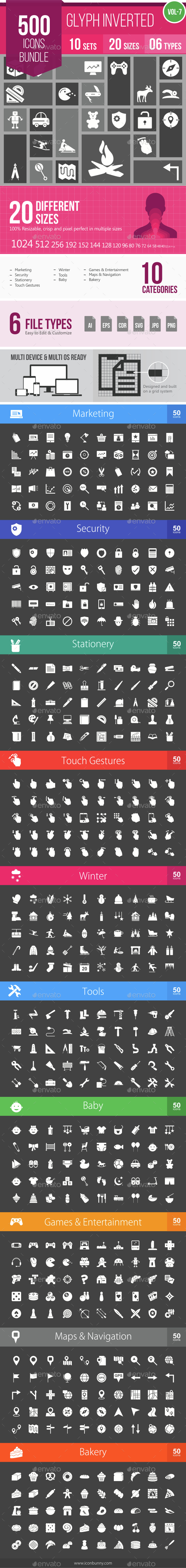 500 Vector Inverted Glyph Icons Bundle (Vol-7) - Icons