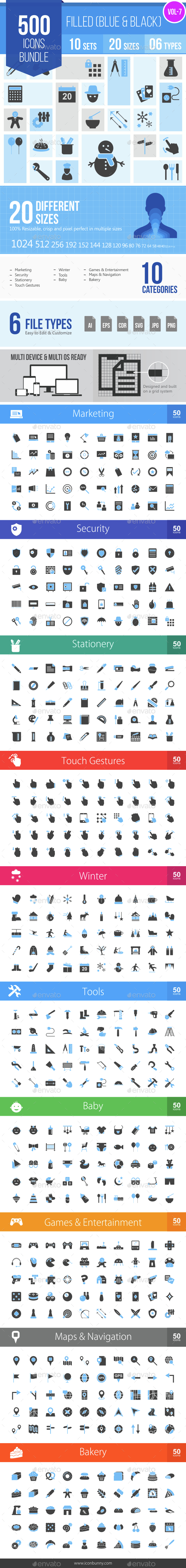 500 Vector Blue & Black Filled Icons Bundle (Vol-7) - Icons