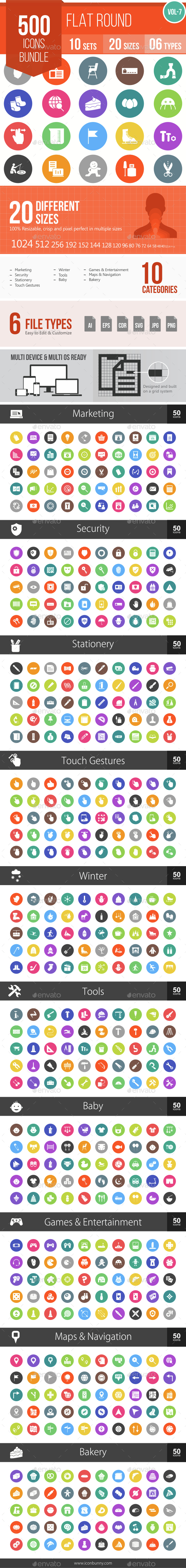 500 Vector Colorful Round Flat Icons Bundle (Vol-7) - Icons