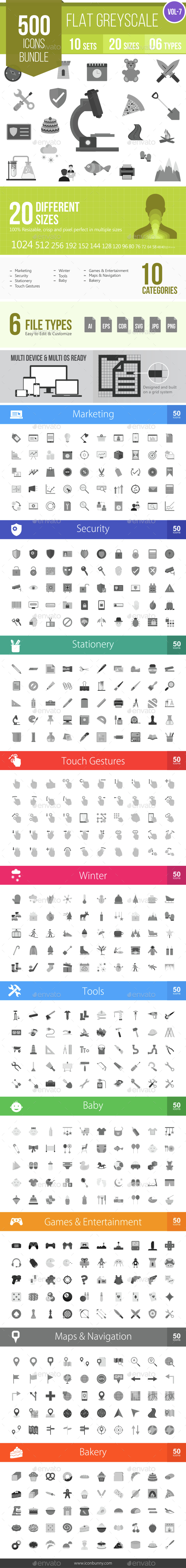 500 Vector Greyscale Flat Icons Bundle (Vol-7) - Icons