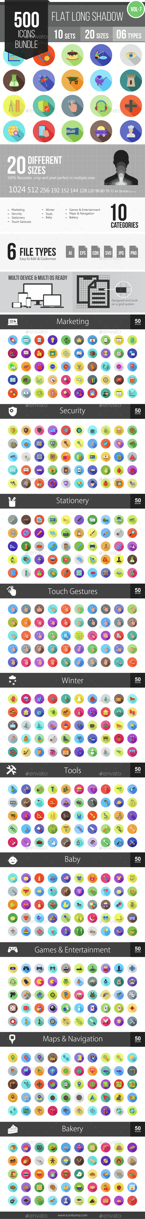 500 Vector Long Shadow Colorful Flat Icons Bundle (Vol-7) - Icons