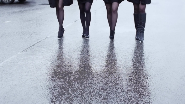 Legs Of Four Woman In Shoe On Heels Walk In Lockstep On Wet Asphalt.  alt