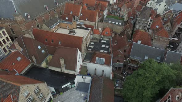Aerial view of buildings rooftops in Bruges