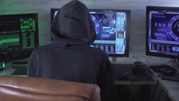 Back View of Hacker in Hood Using Multiple Computers for Cyber Attack. Unrecognizable Programmer alt
