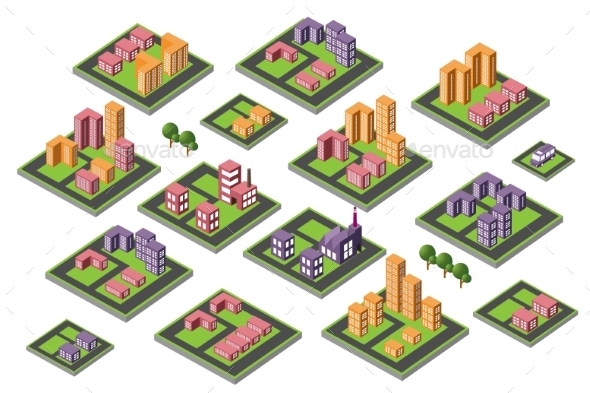 Set of Icons Isometric House - Buildings Objects