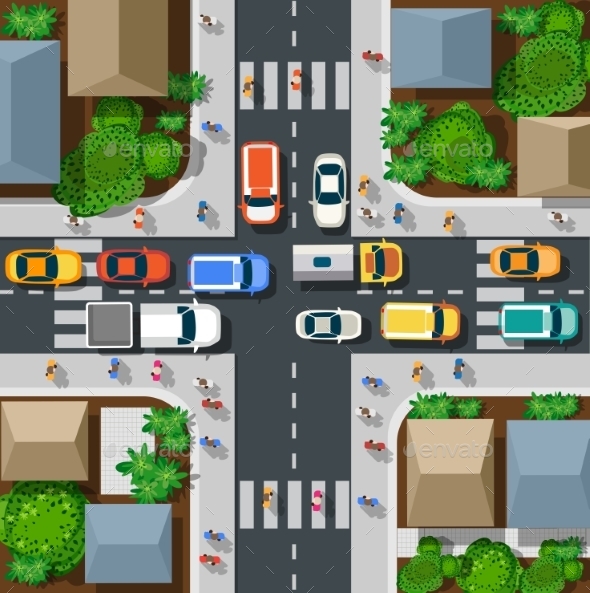 Top View of Urban Road - Buildings Objects
