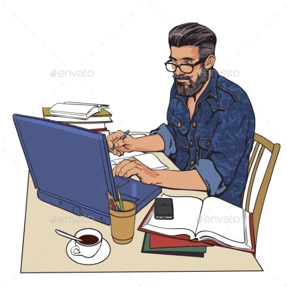 Hipster Man In a Jeans Jacket at Work - Concepts Business
