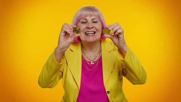 Mature Old Stylish Woman Granny Showing Golden Bitcoins Cryptocurrency Investment Mining Technology alt