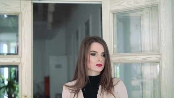 Boyfriend Coming To Girl And Touching Her Shoulders On The Balcony. Slowly