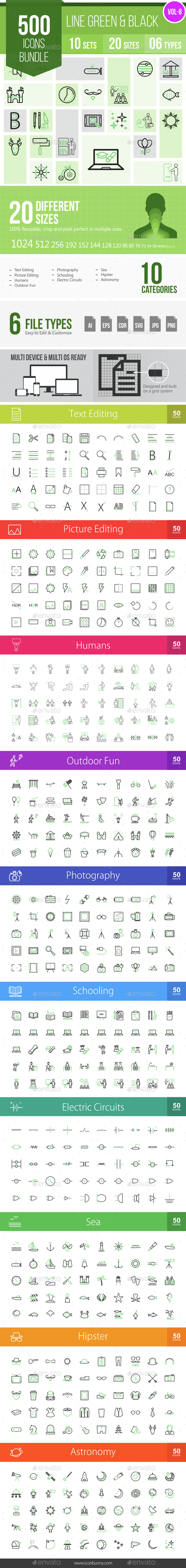 500 Vector Green & Black Line Icons Bundle (Vol-8) - Icons