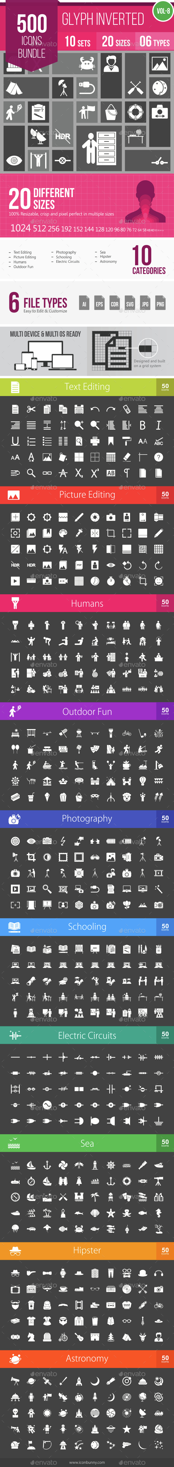 500 Vector Inverted Glyph Icons Bundle (Vol-8) - Icons