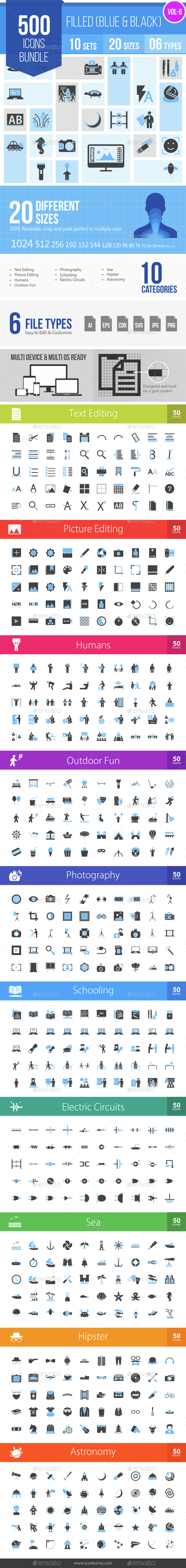 500 Vector Blue & Black Filled Icons Bundle (Vol-8) - Icons